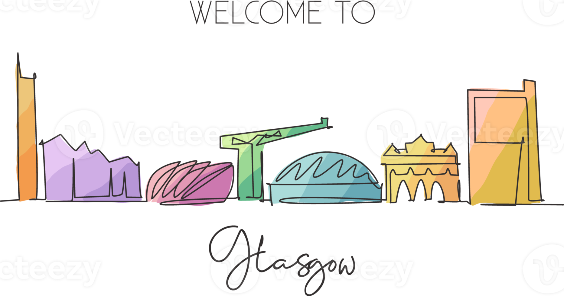 One continuous line drawing of Glasgow city skyline, Scotland. Beautiful landmark. World landscape tourism travel vacation poster. Editable stylish stroke single line draw design vector illustration png