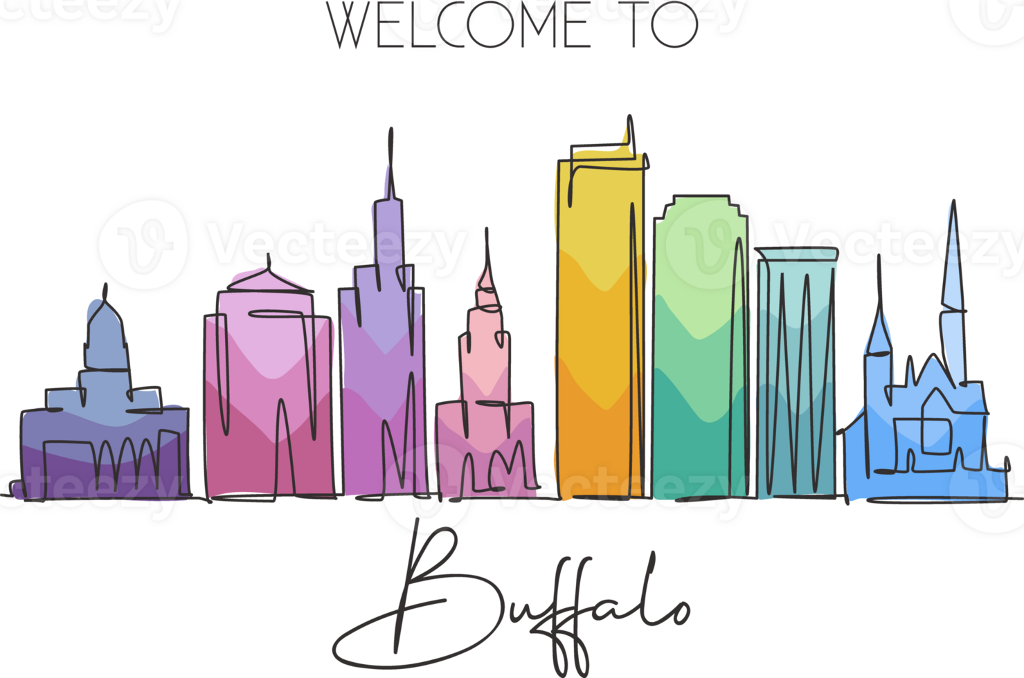 enkele doorlopende lijntekening van de skyline van de stad van de buffel, usa. beroemde stadskrabber en landschap. wereld reizen concept home muur decor poster print kunst. moderne één lijn tekenen ontwerp vectorillustratie png