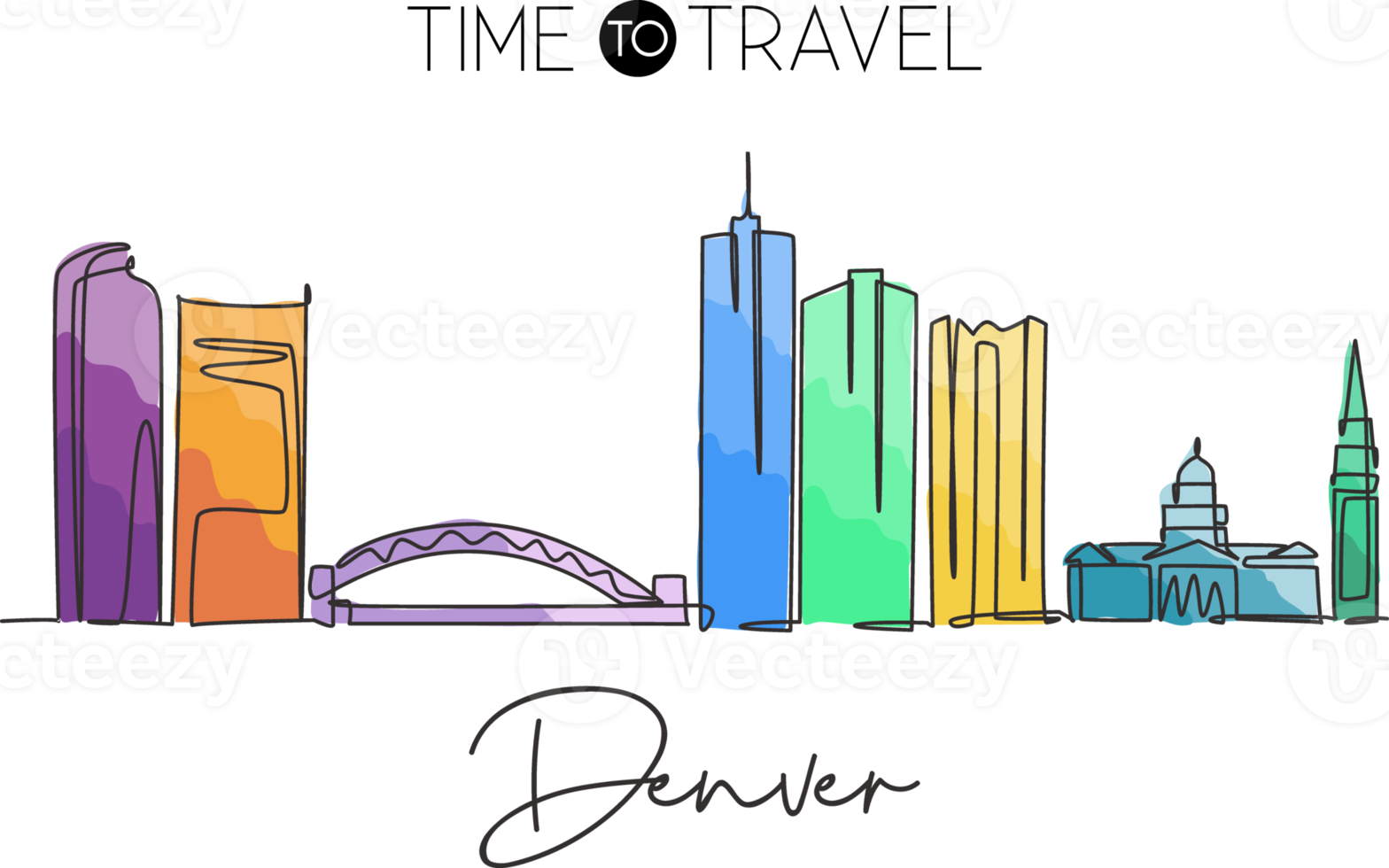 Eine einzige Strichzeichnung der Skyline von Denver, Vereinigte Staaten. historische Stadtlandschaft der Welt. bestes Urlaubsziel. editierbarer Schlaganfall trendige durchgehende Linie zeichnen Design-Vektorillustration png