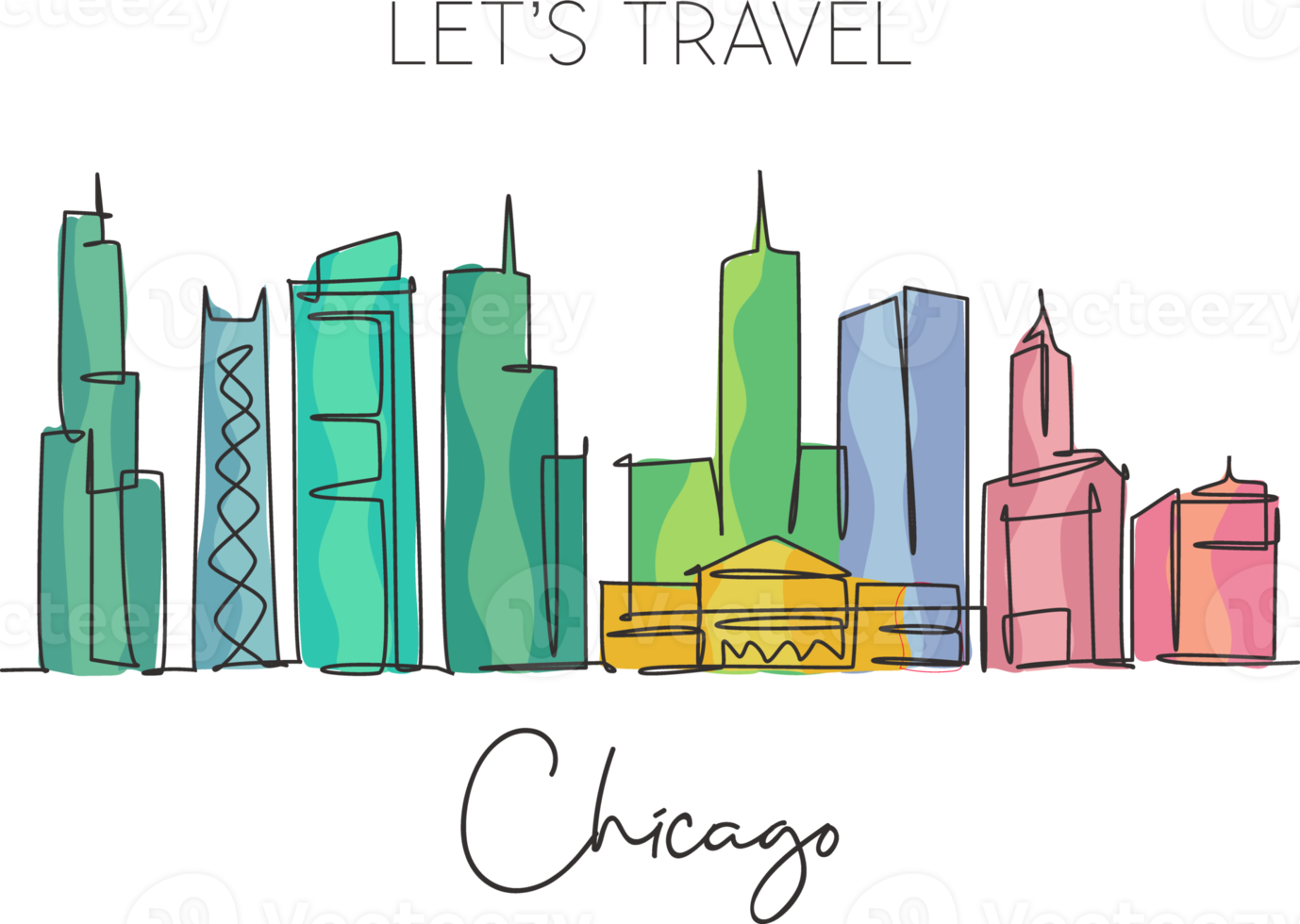 One single line drawing of Chicago city skyline, United States. Historical town landscape in the world. Best holiday destination. Editable stroke trendy continuous line draw design vector illustration png