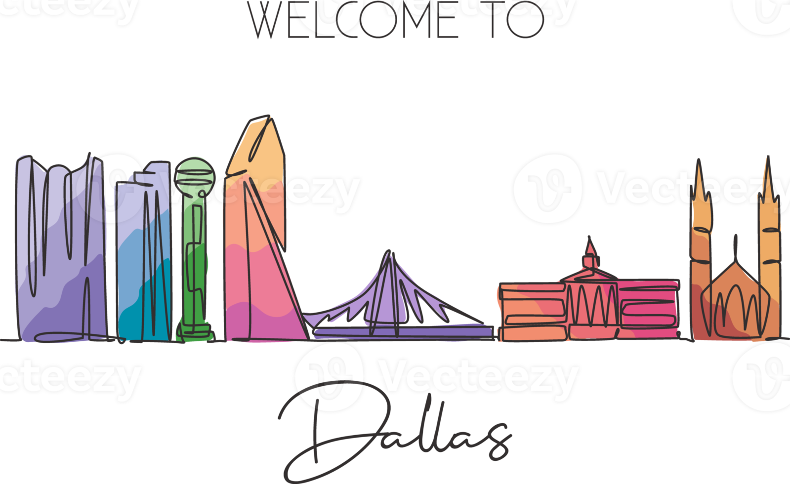 eine durchgehende Strichzeichnung der Skyline von Dallas, Vereinigte Staaten von Amerika. schönes Wahrzeichen. weltlandschaft reisen urlaub. bearbeitbare, stilvolle, einzeilige, strichzeichnung, design, vektor, illustration png