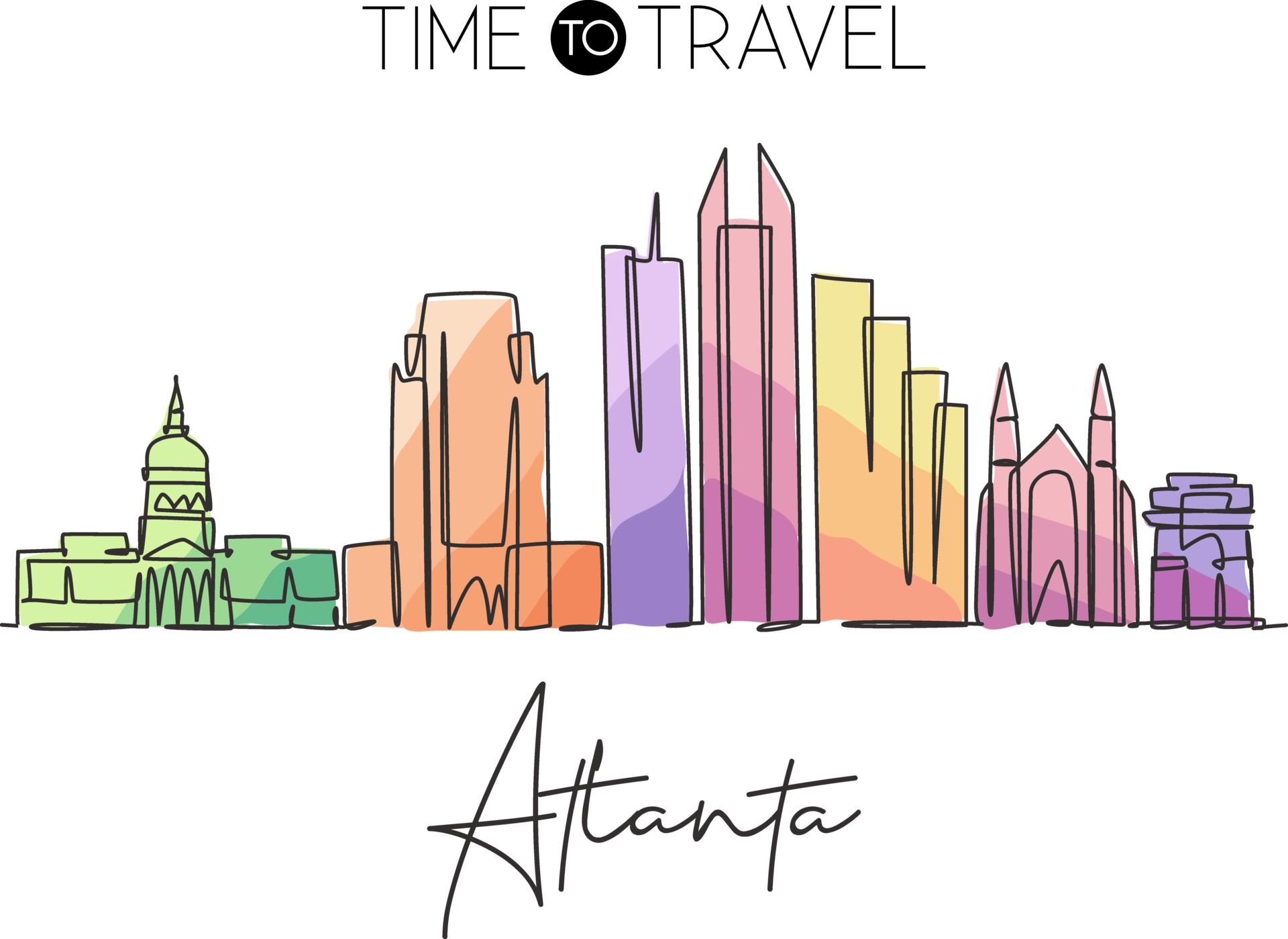 One continuous line drawing of Atlanta city skyline, USA. Beautiful