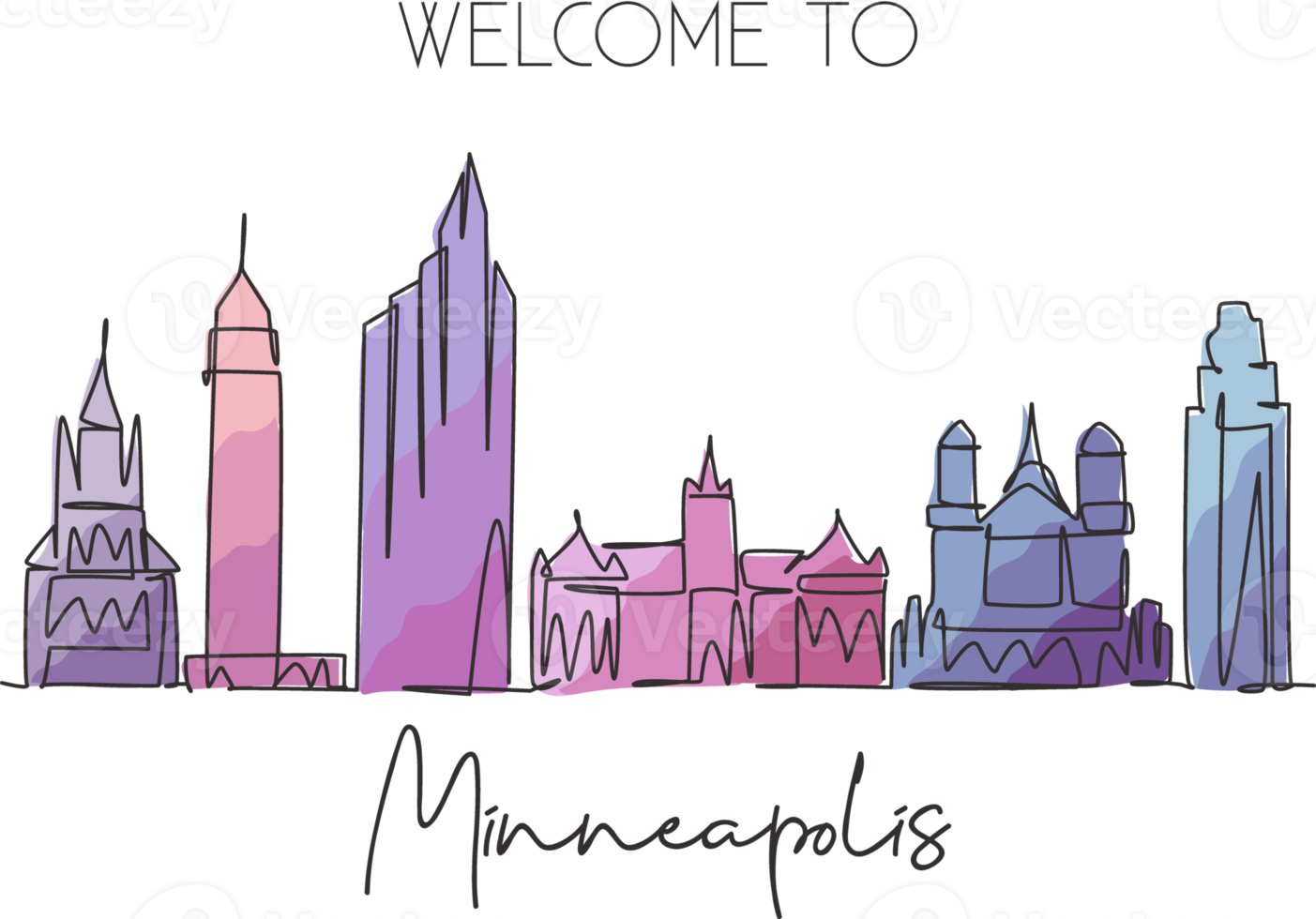 één enkele lijntekening van de skyline van de stad van Minneapolis, Verenigde Staten. historisch stadslandschap. beste vakantiebestemming thuis muur decor poster print kunst. trendy doorlopende lijn tekenen ontwerp vectorillustratie png