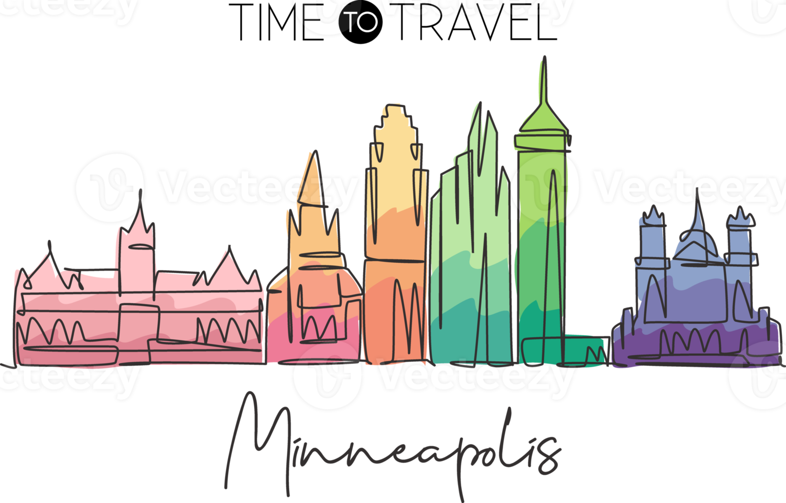 One continuous line drawing Minneapolis city skyline, United States of America. Beautiful landmark. World landscape vacation poster. Editable stylish stroke single line draw design vector illustration png