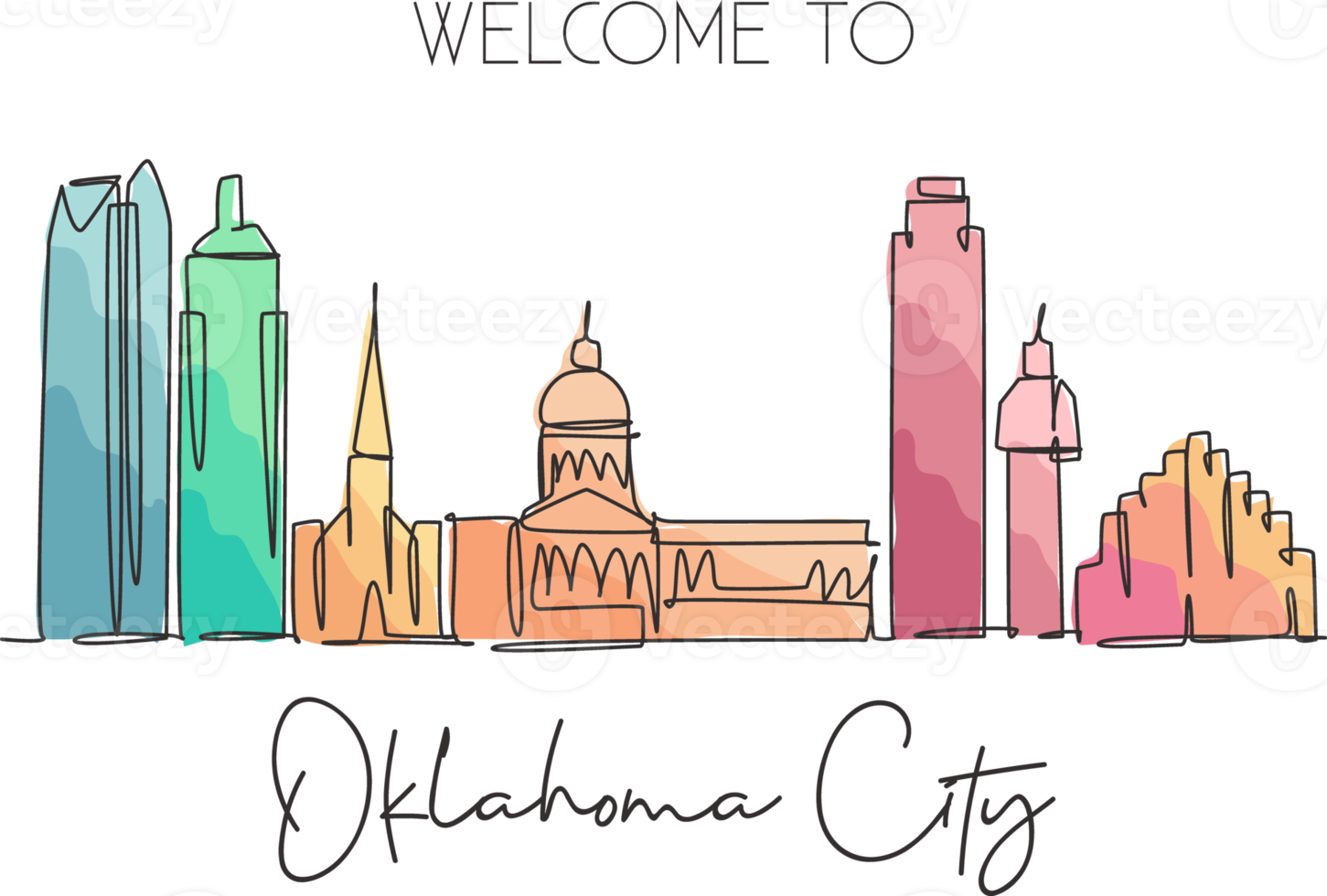 One continuous line drawing Oklahoma city skyline, United States. Beautiful landmark. World landscape tourism travel poster print. Editable stylish stroke single line draw design vector illustration png