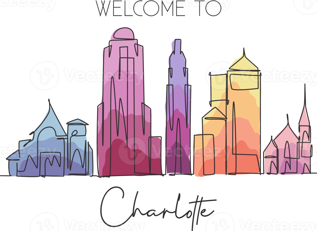 One continuous line drawing Charlotte city skyline United State. Beautiful landmark. World landscape tourism travel vacation poster. Editable stylish stroke single line draw design vector illustration png