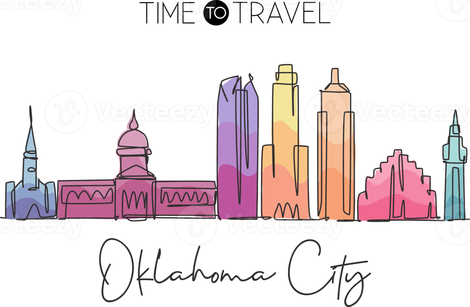 One single line drawing of Oklahoma city skyline United States. Historical town landscape. Best holiday destination home decor wall art poster. Trendy continuous line draw design vector illustration png