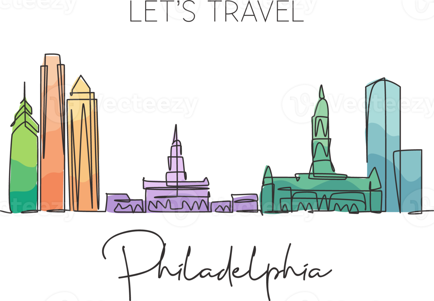 Single continuous line drawing of Philadelphia city skyline, United States of America. Famous landscape. World travel poster print art. Editable stroke modern one line draw design vector illustration png