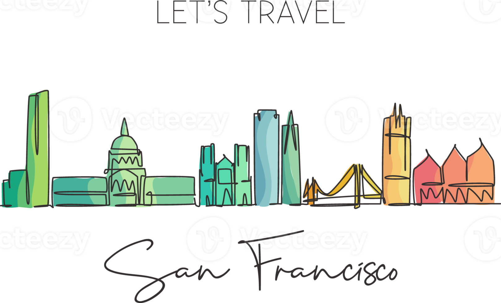 een enkele lijntekening van de skyline van de stad van San Francisco, Verenigde Staten. historisch stadslandschap ter wereld. beste vakantiebestemming poster wand decor. trendy doorlopende lijn tekenen ontwerp vectorillustratie png