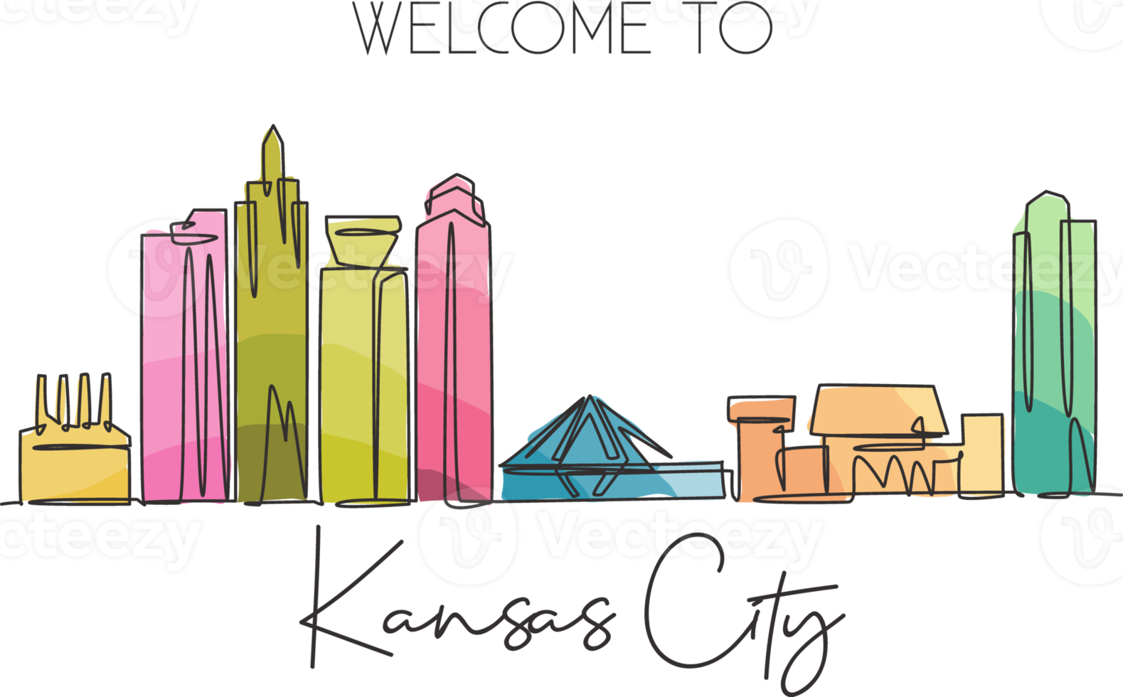 eine einzige Strichzeichnung der Skyline von Kansas City, Vereinigte Staaten. historische Stadtlandschaft. bestes Urlaubsziel Wanddekoration Posterdruck Kunst. trendige Design-Vektorillustration mit durchgehender Linie png