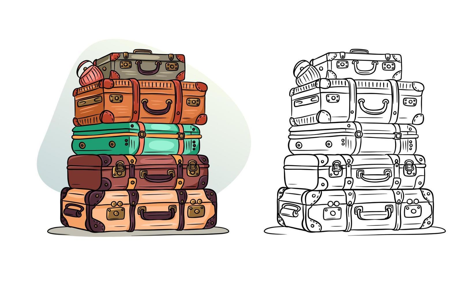 Classic retro travel suitcases stacked on top of each other. Cartoon style. Line. vector