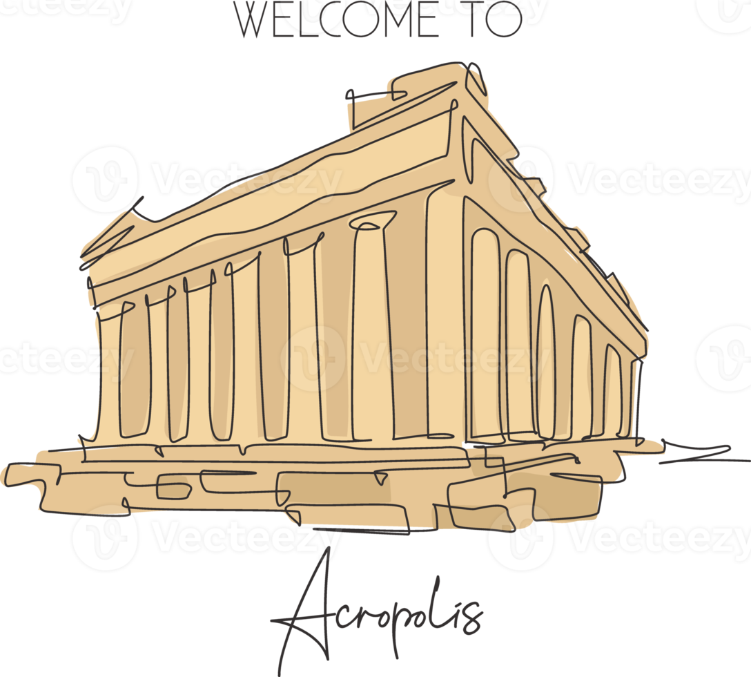 een enkele lijntekening acropolis tempel oriëntatiepunt. wereldberoemde ruïne in Athene, Grieks. toerisme reizen briefkaart home muur decor poster concept. moderne doorlopende lijn tekenen ontwerp vectorillustratie png