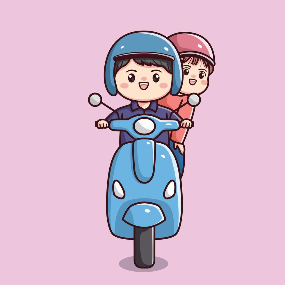 linda contento Pareja chico y niña montando motocicleta scooter plano contorno personaje dibujos animados kawaii chibi vector