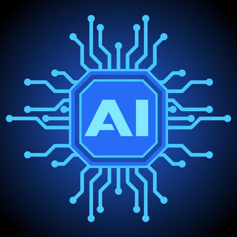 Artificial intelligence symbol vector illustration. Glowing blue chipset for artificial intelligence illustration. Chip icon for graphic resource of technology, futuristic, computer, cyber and science