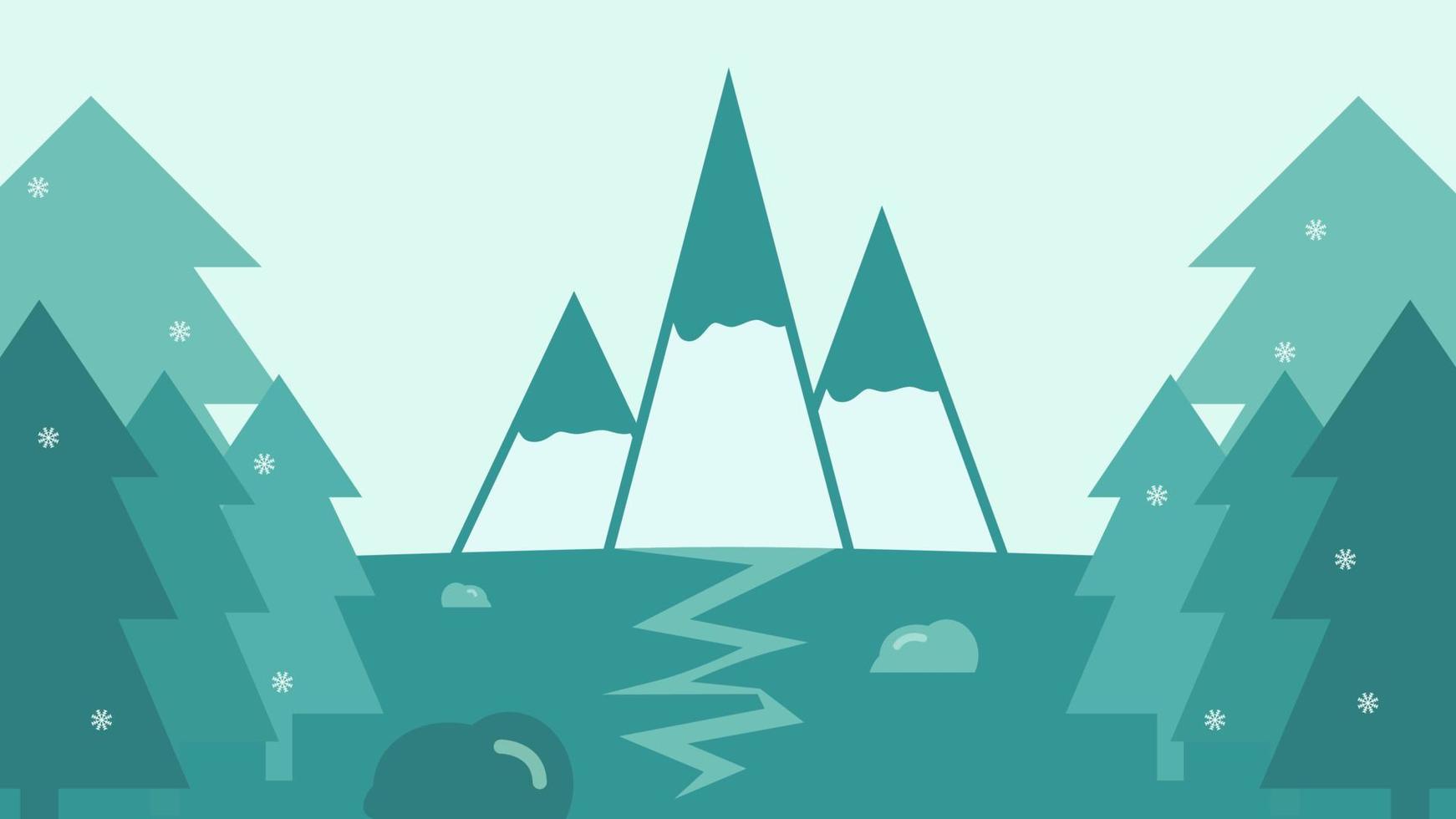 flat illustration of winter mountain with pine trees. suitable for wall decoration, wallpaper, etc vector