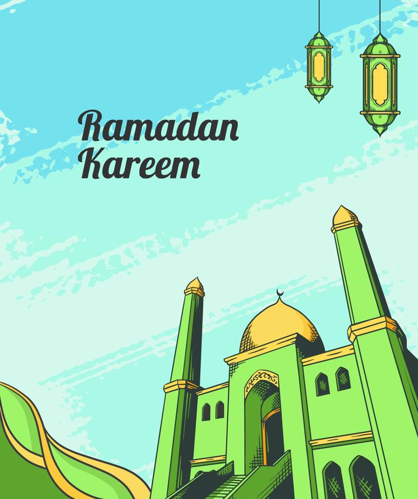 Ramadán kareem saludo con mezquita y latern mano dibujar vector