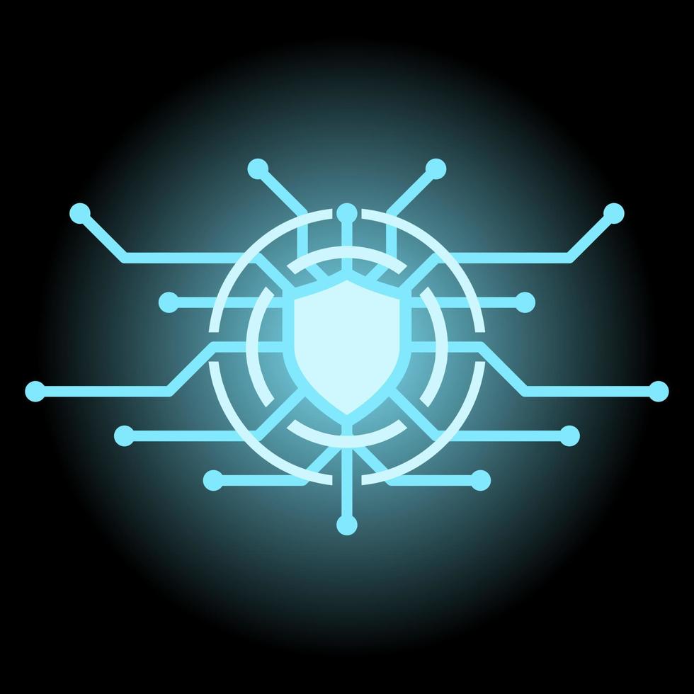 Cyber security vector illustration. Glowing blue shield of circuit. Security system of internet for graphic resource of technology, futuristic, computer, cyber and science