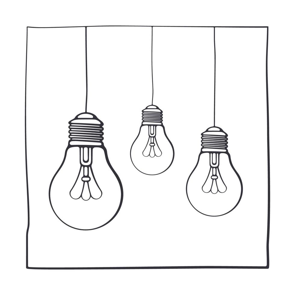 Hand drawn doodle illustration of ink sketch with three light bulbs in square frame. Symbol of idea, new solution and creativity vector