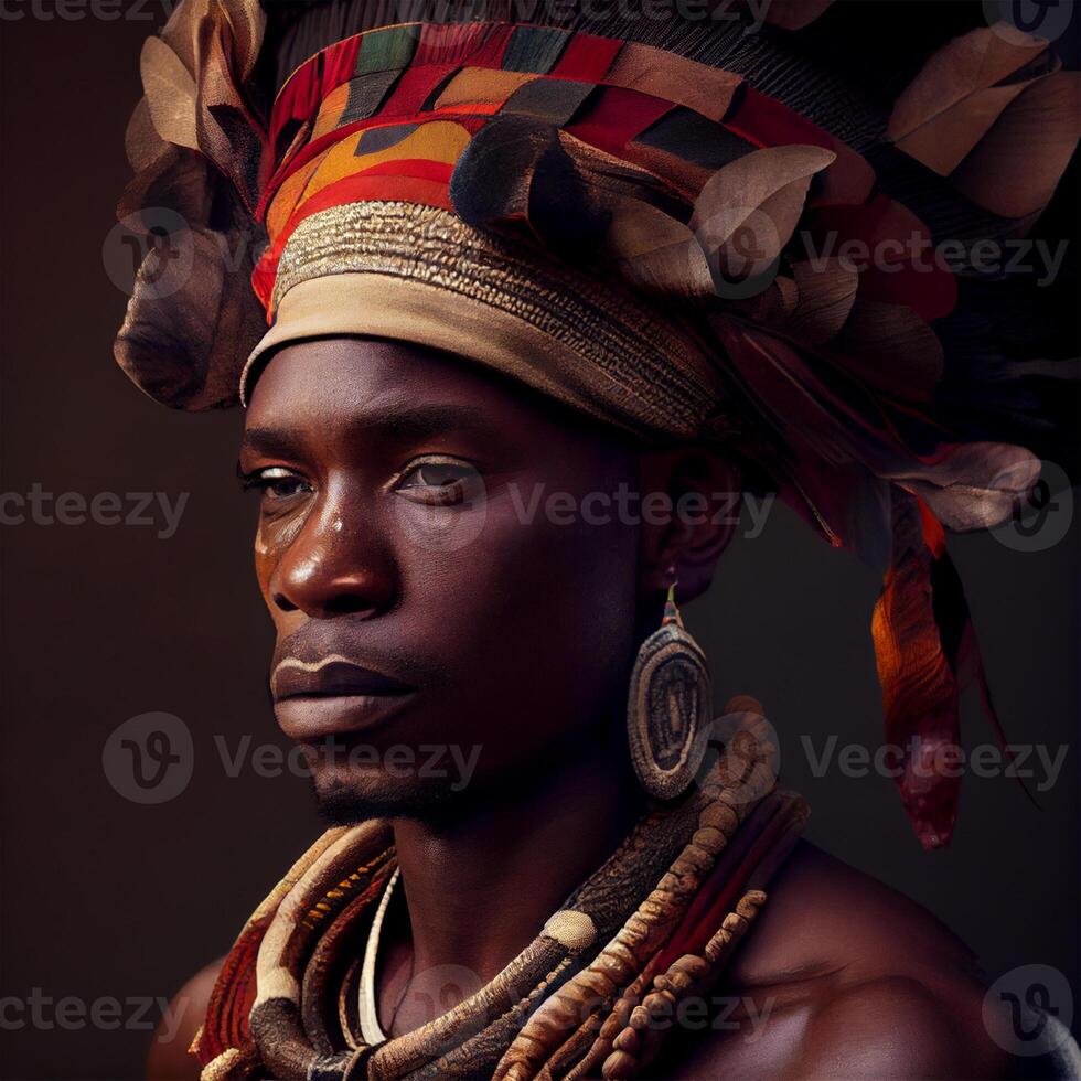 retrato realista gráficos de un africano hombre con fuerte facial caracteristicas en nacional ropa - ai generado imagen foto