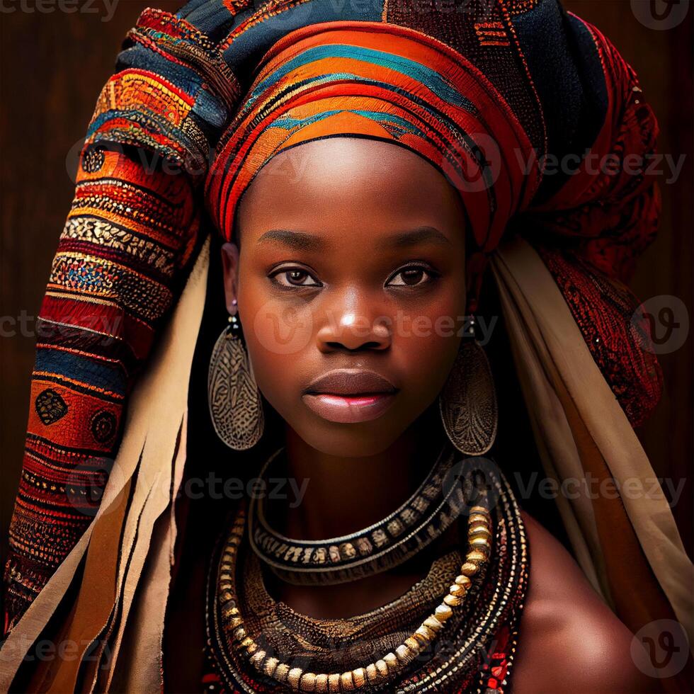 Portrait realistic graphics of an African woman with strong facial features in national clothes - image photo