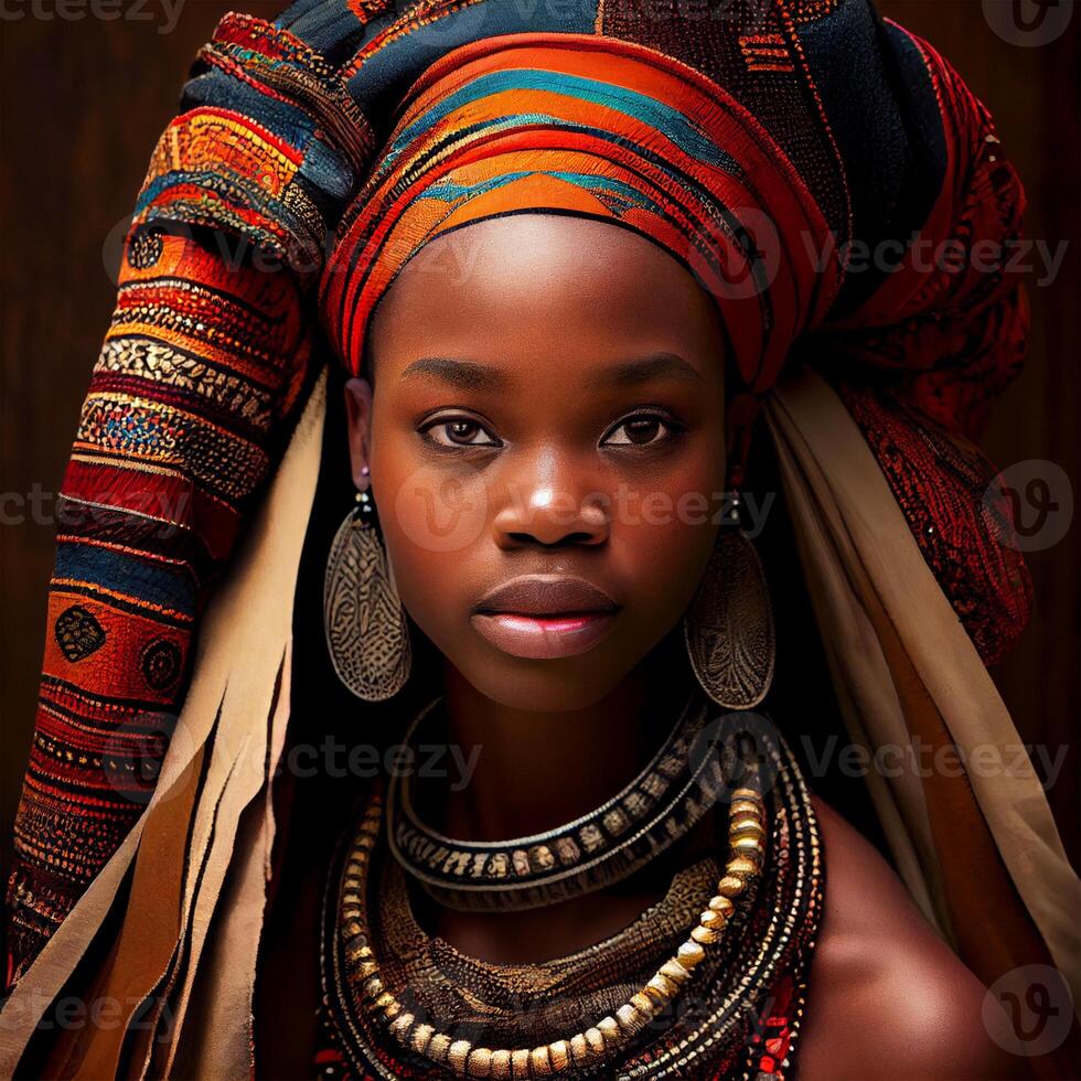 Portrait realistic graphics of an African woman with strong facial features in national clothes - image photo