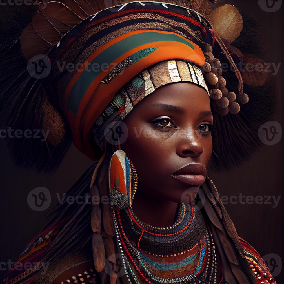 Portrait realistic graphics of an African woman with strong facial features in national clothes - image photo