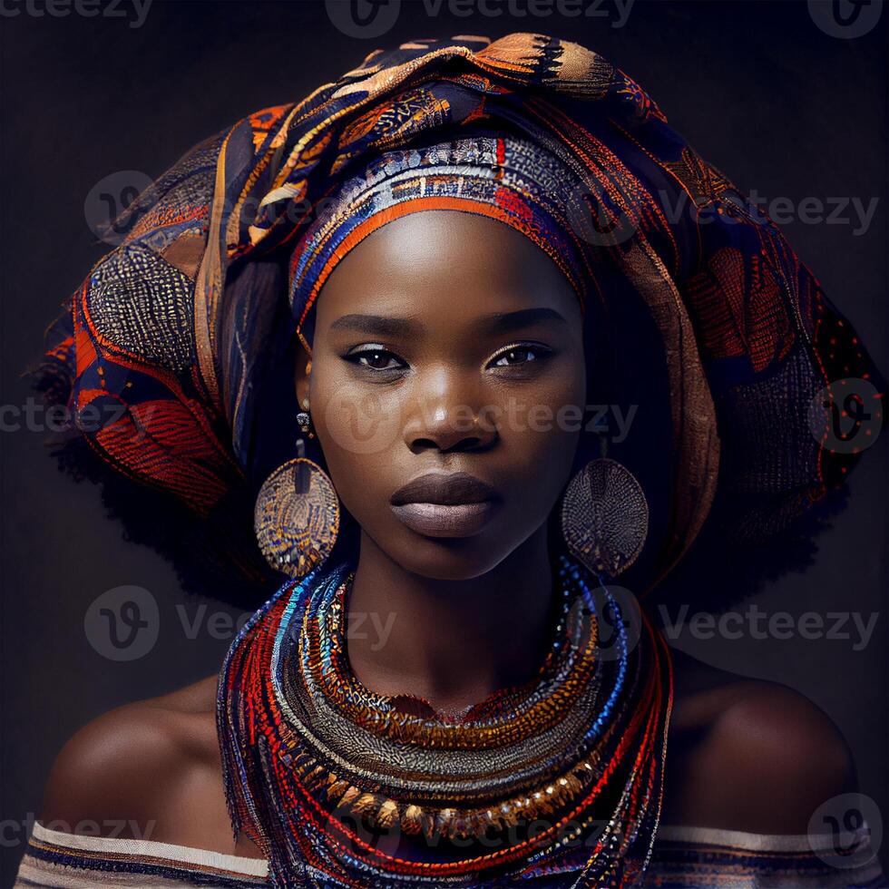 Portrait realistic graphics of an African woman with strong facial features in national clothes - image photo