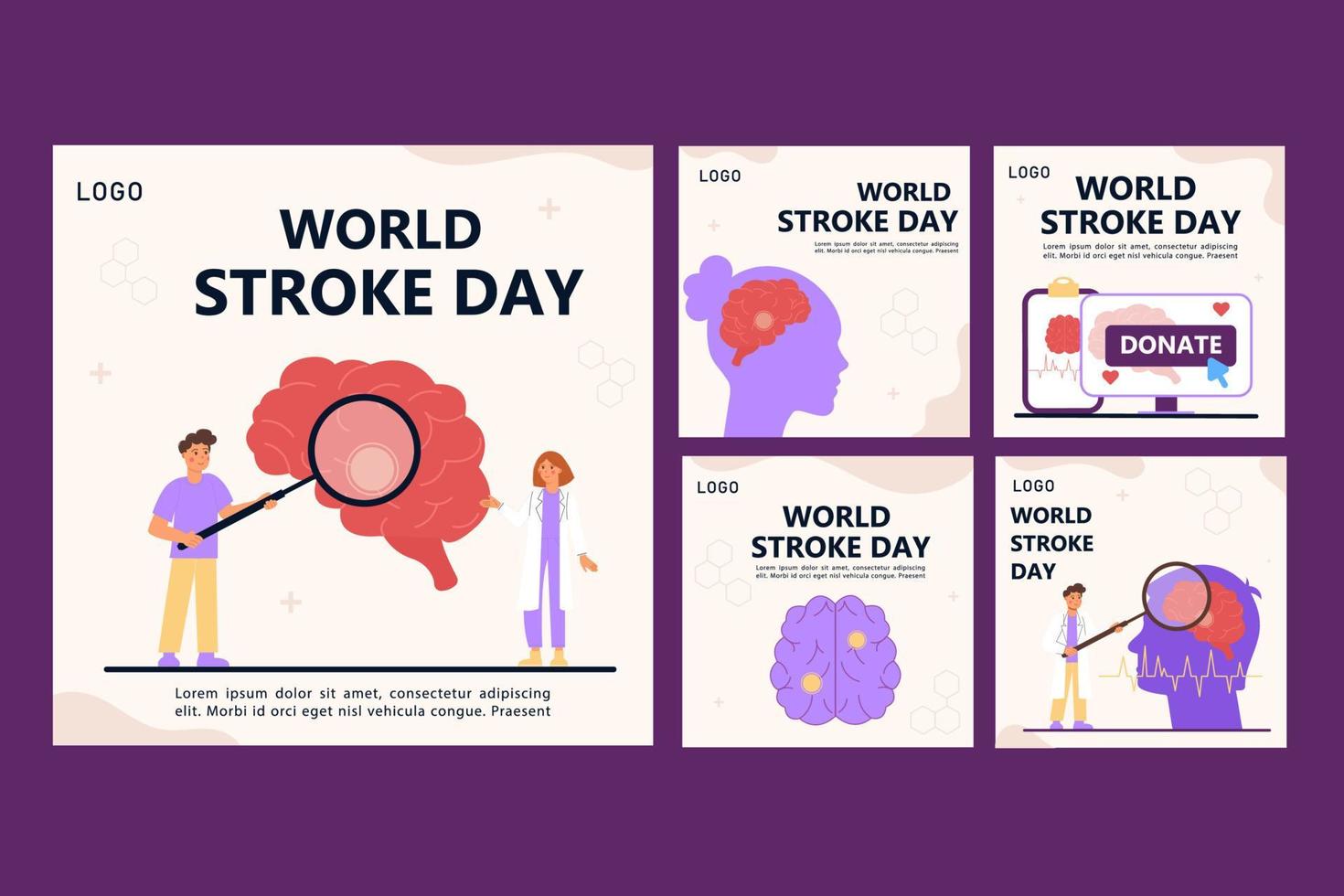 A collection of Instagram posts from World Stroke Day. Social media stroke brain with illustrations by doctors vector