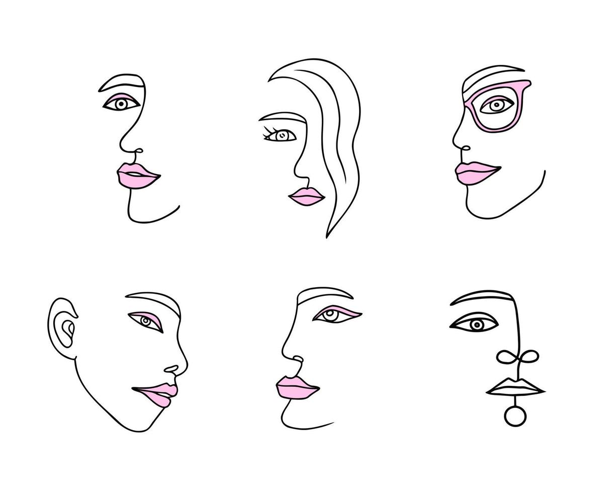 Contour girl face, set, hand drawn one line, beautiful women. Illustration for backgrounds and packaging. Image can be used for greeting card, poster and textile. Isolated on white background. vector