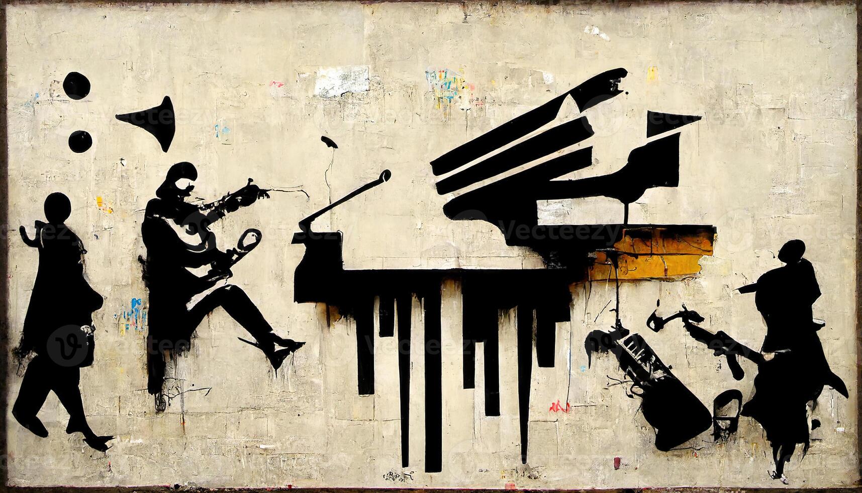 , Street art with keys and musical instruments silhouettes. Ink graffiti art on a textured paper vintage background, inspired by Banksy photo