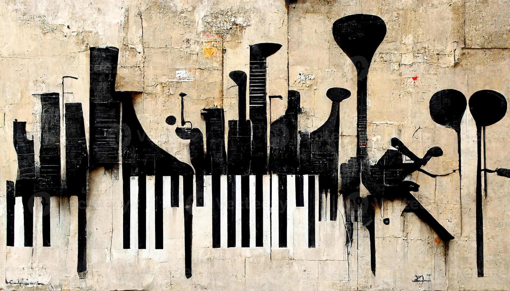 , Street art with keys and musical instruments silhouettes. Ink graffiti art on a textured paper vintage background, inspired by Banksy photo