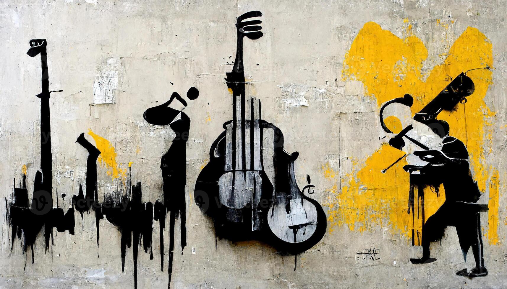 , Street art with keys and musical instruments silhouettes. Ink graffiti art on a textured paper vintage background, inspired by Banksy photo