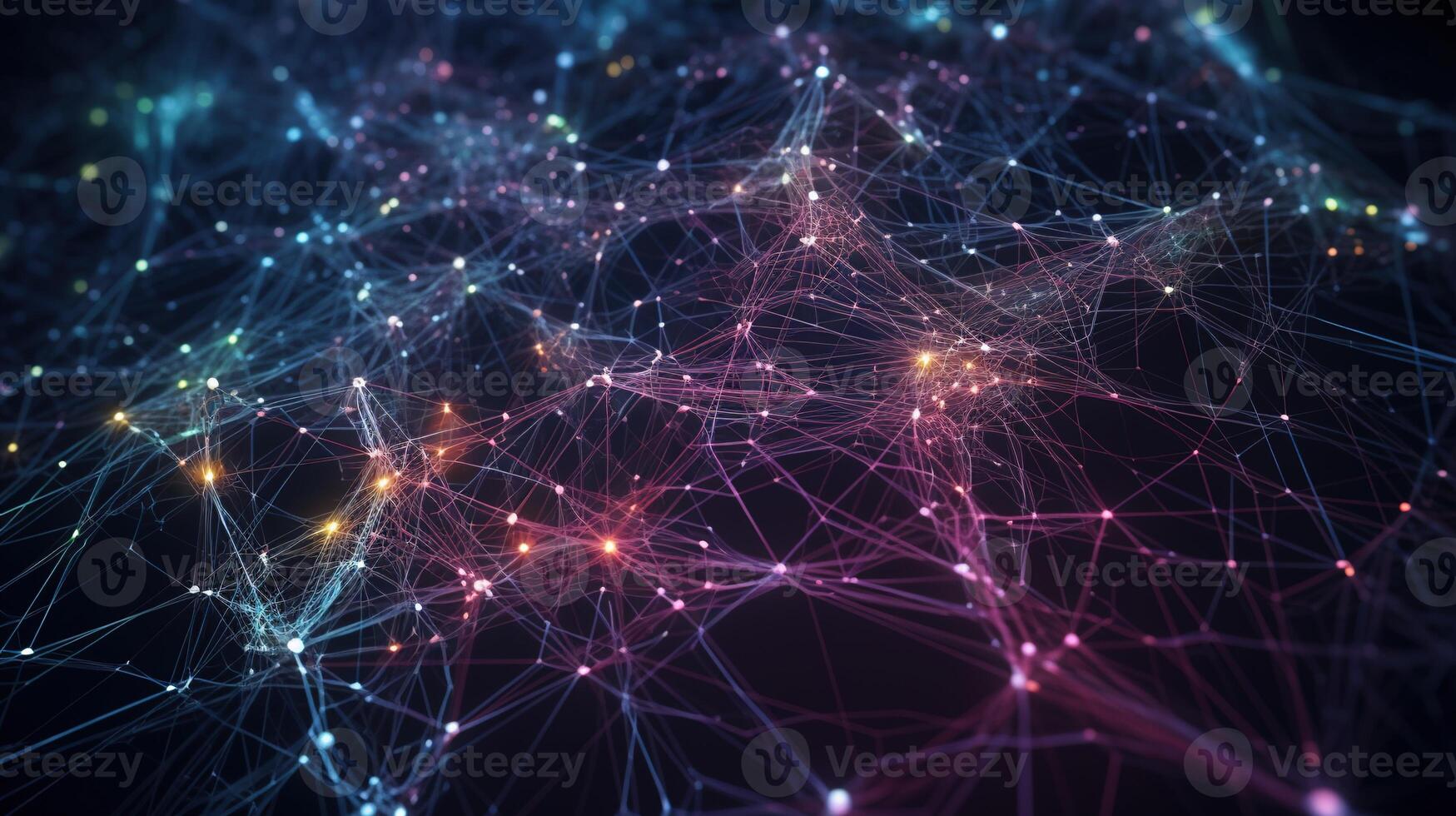 , Conceptual illustration of neuron cells with glowing link knots in abstract dark space, high resolution. Human nervous system, neural network photo