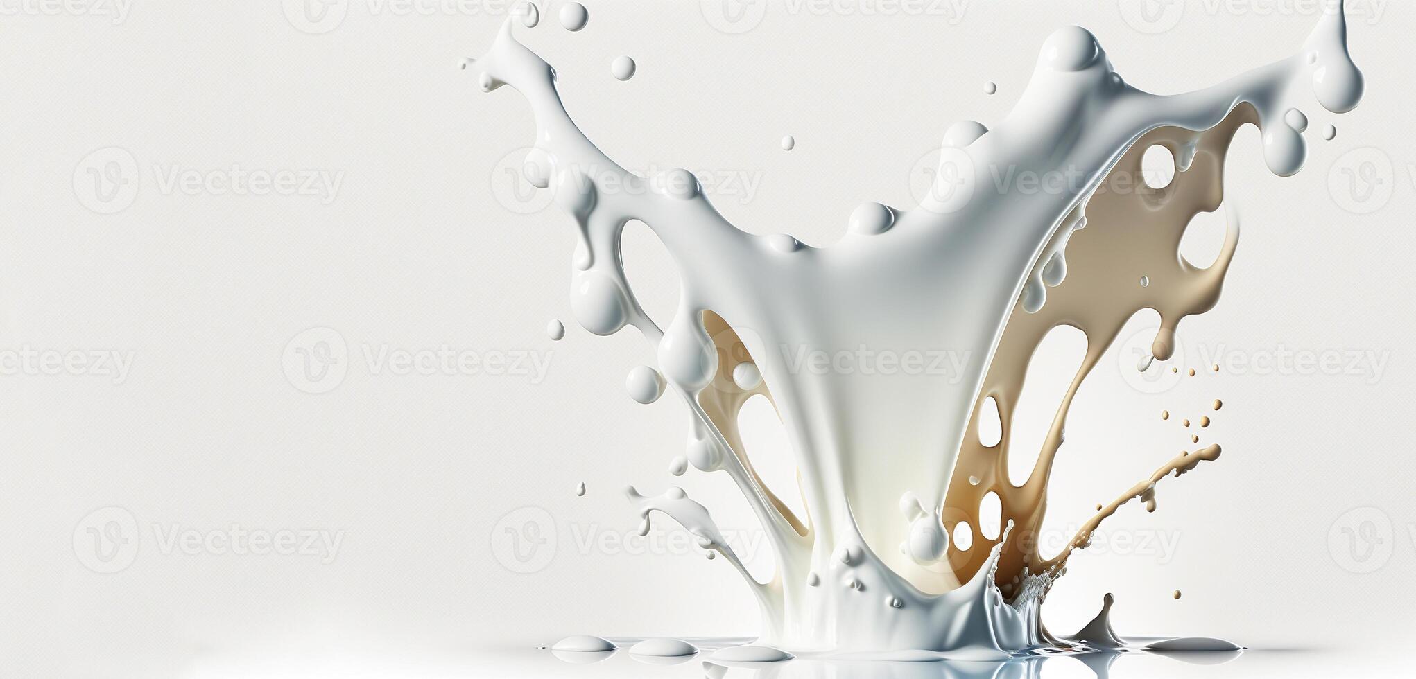 , Flowing liquid with splashes in white color. Glossy cream milk fluid banner, 3D effect, modern macro photorealistic abstract background illustration. photo