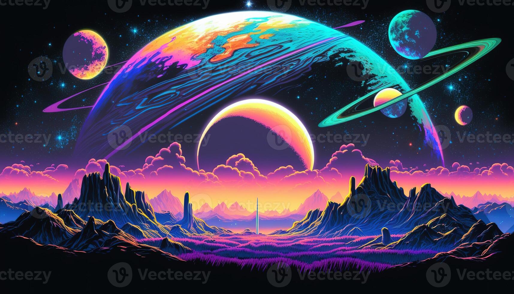 , Psychedelic Space banner template, nostalgic 80s, 90s background. Horizontal illustration of the future landscape with mountains, planets, trees, moon. Surrealist escapism concept. photo