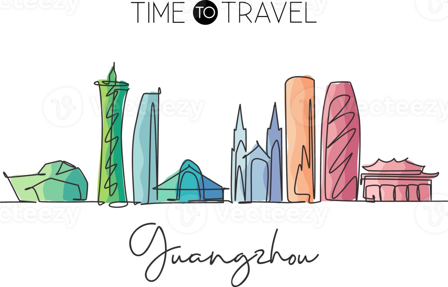 One continuous line drawing of Guangzhou city skyline, China. World beautiful landscape tourism. Editable stroke single line draw design vector illustration png