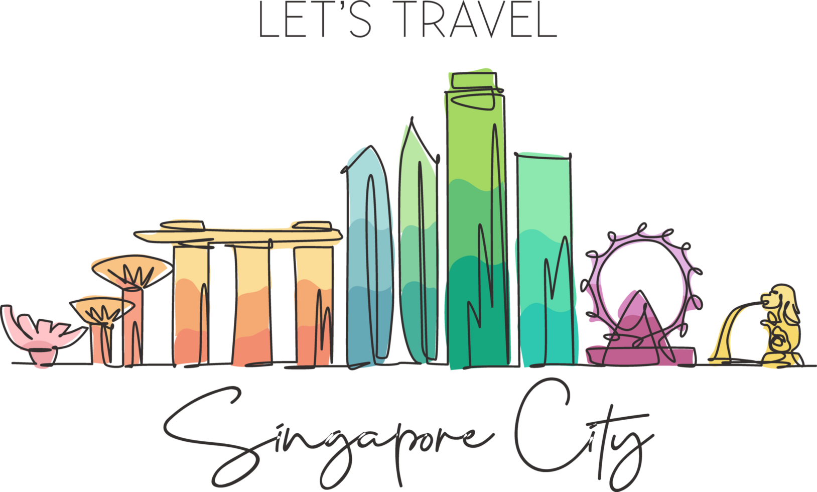 One single line drawing of Singapore city skyline. Historical town landscape in the world. Best holiday destination poster art. Editable stroke trendy continuous line draw design vector illustration png