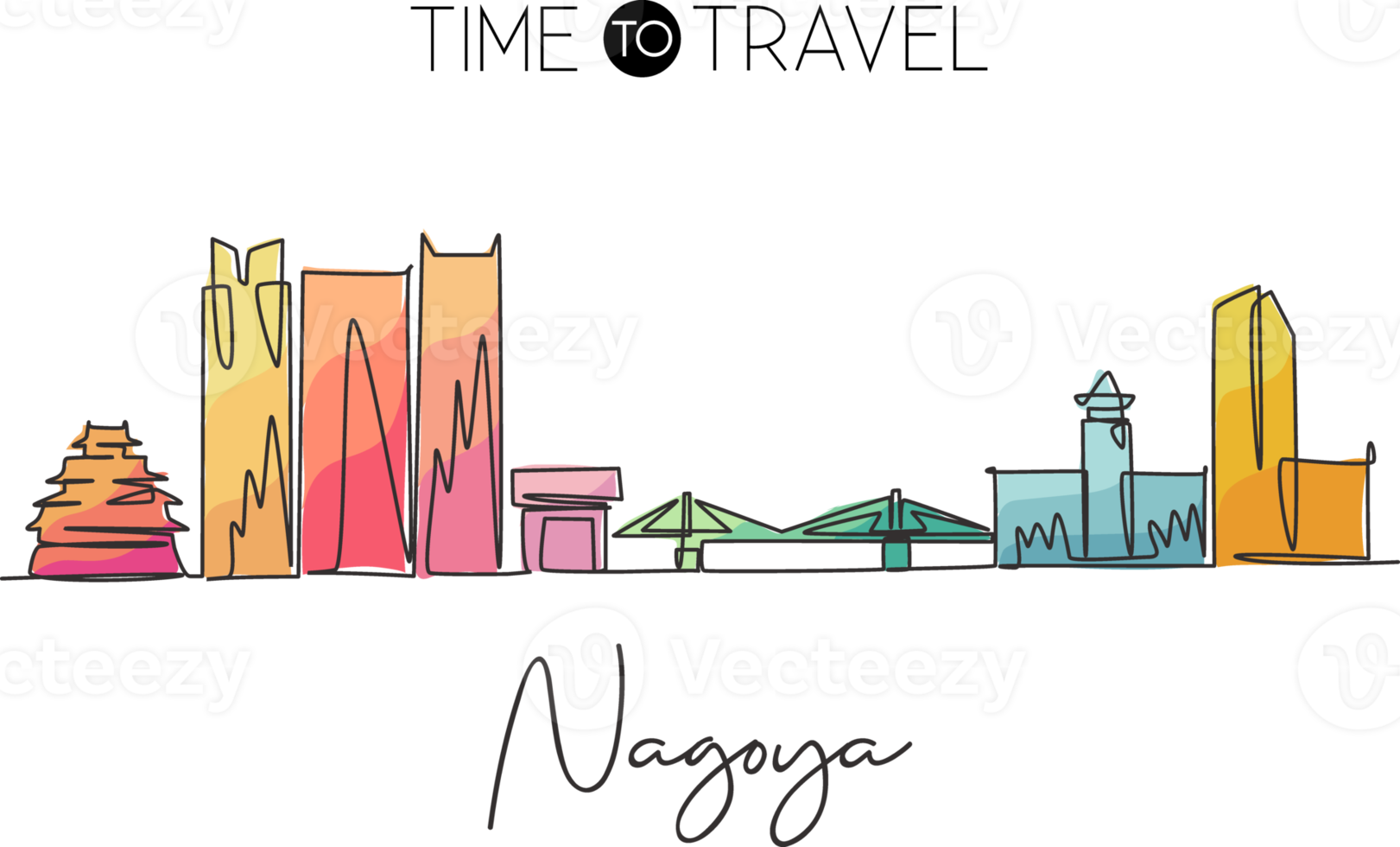 Single continuous line drawing of Nagoya city skyline, Japan. Famous city scraper and landscape. World travel concept home decor wall art poster print. Modern one line draw design vector illustration png