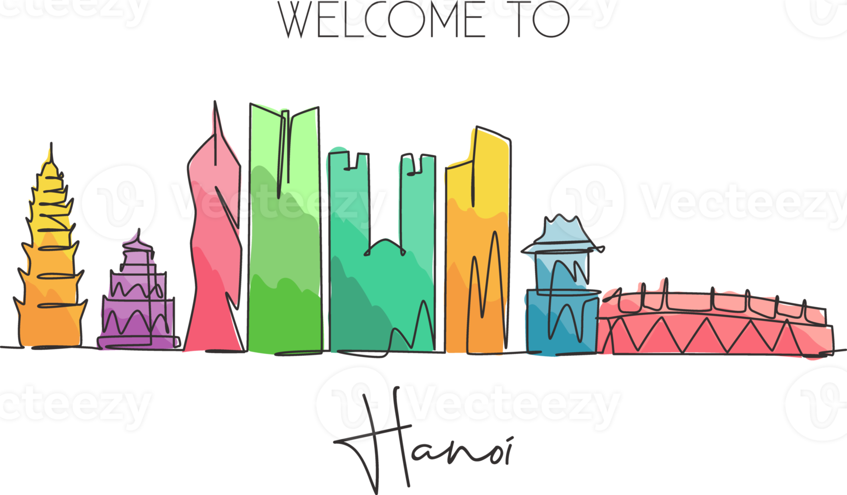 een enkele lijntekening van de skyline van de stad Hanoi, Vietnam. historisch stadslandschap ter wereld. beste vakantiebestemming poster. bewerkbare lijn trendy doorlopende lijn tekenen ontwerp vectorillustratie png