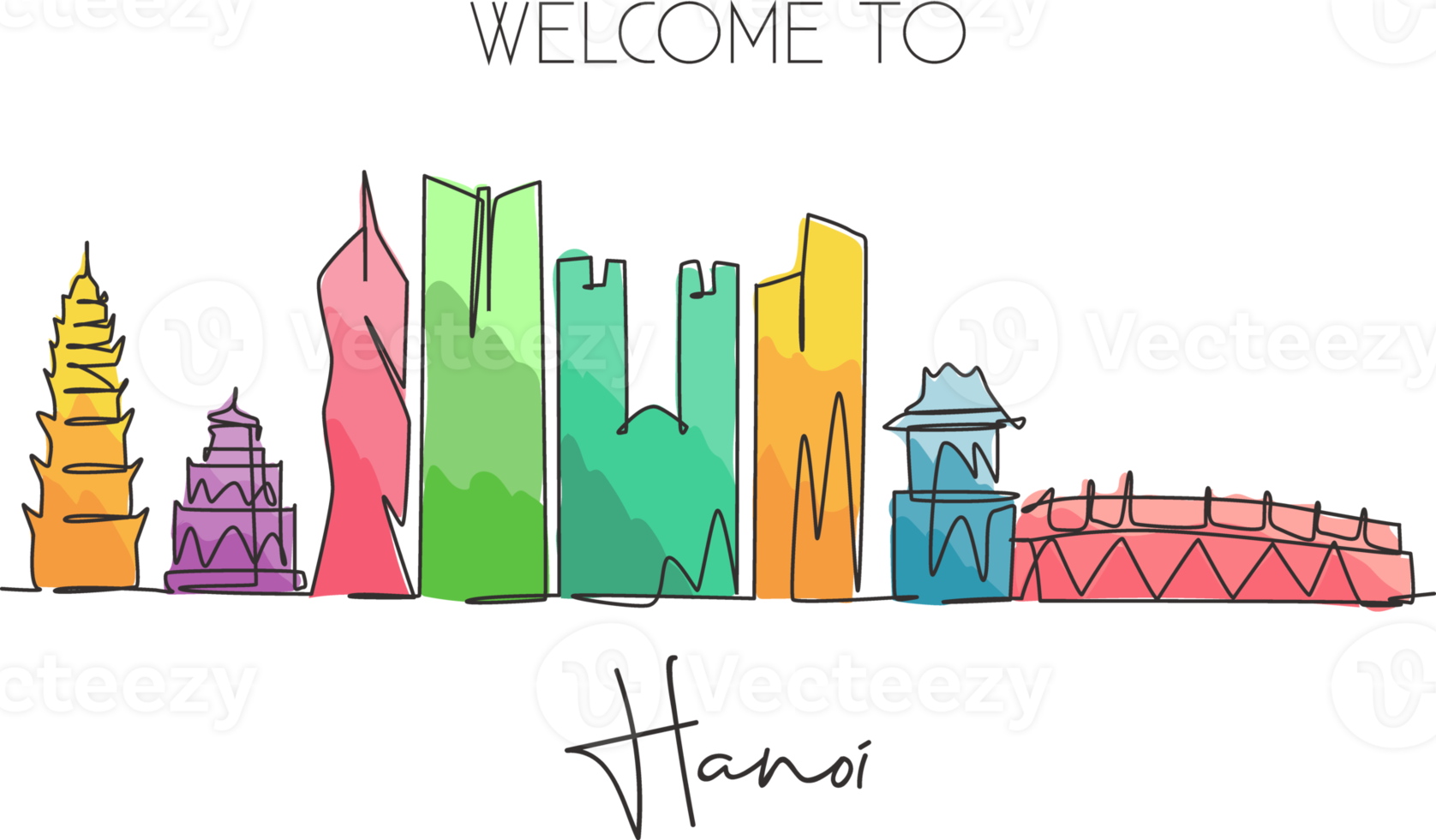 One single line drawing of Hanoi city skyline, Vietnam. Historical town landscape in the world. Best holiday destination poster. Editable stroke trendy continuous line draw design vector illustration png