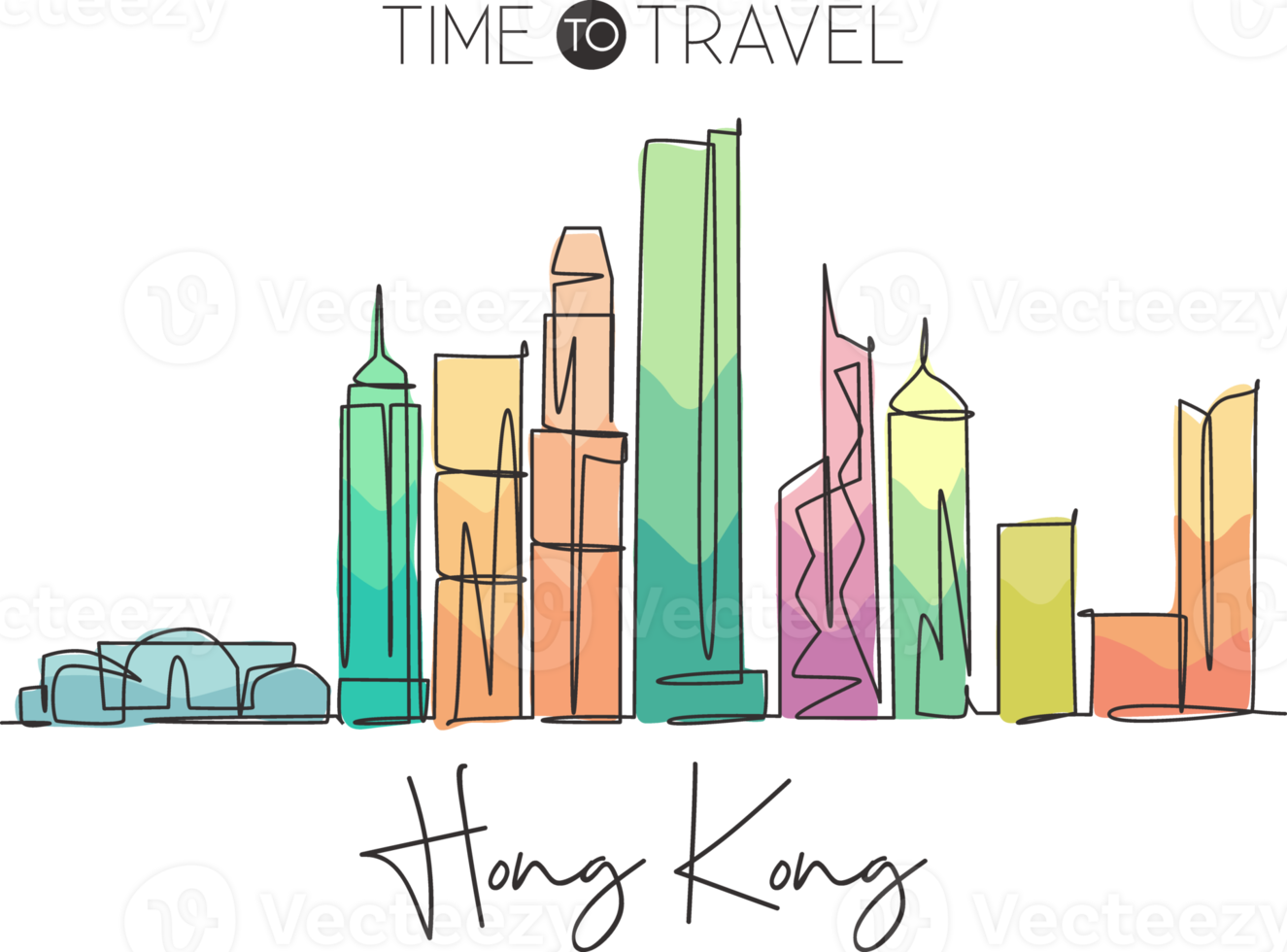 One continuous line drawing of Hong Kong city skyline, China. Beautiful landmark wall decor poster print. World landscape tourism travel vacation. Stylish single line draw design vector illustration png