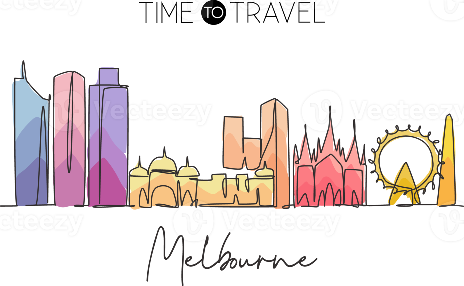 Single continuous line drawing of Melbourne city skyline, Australia. Famous city landscape. World travel concept home wall decor art poster print. Modern one line draw design vector illustration png