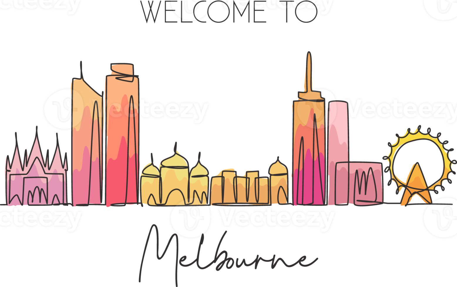 One continuous line drawing of Melbourne city skyline, Australia. Beautiful landmark. World landscape tourism and travel vacation. Editable stylish stroke single line draw design vector illustration png