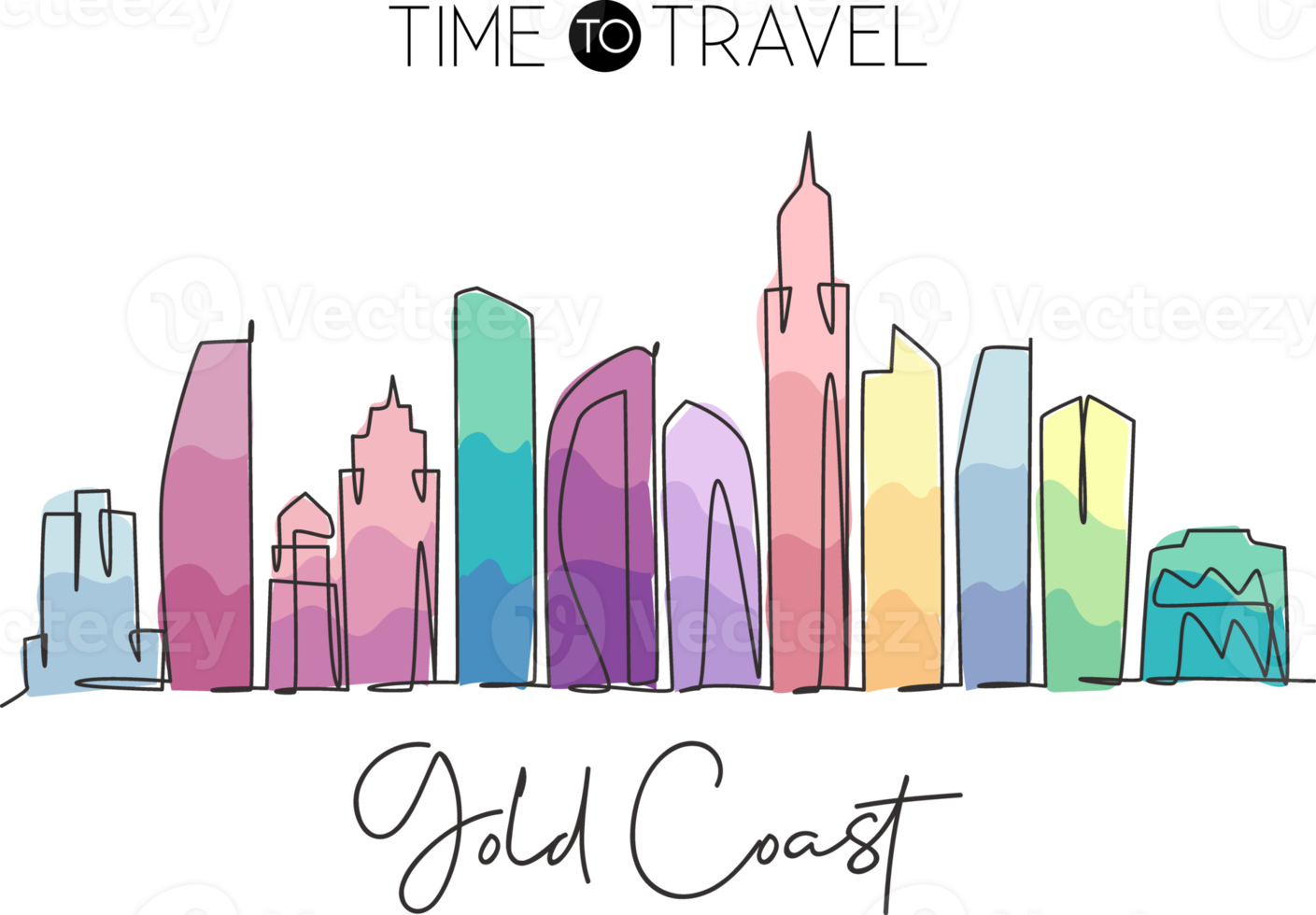 One single line drawing Gold Coast city skyline, Australia. Historical town landscape in world. Best holiday destination poster. Editable stroke trendy continuous line draw design vector illustration png