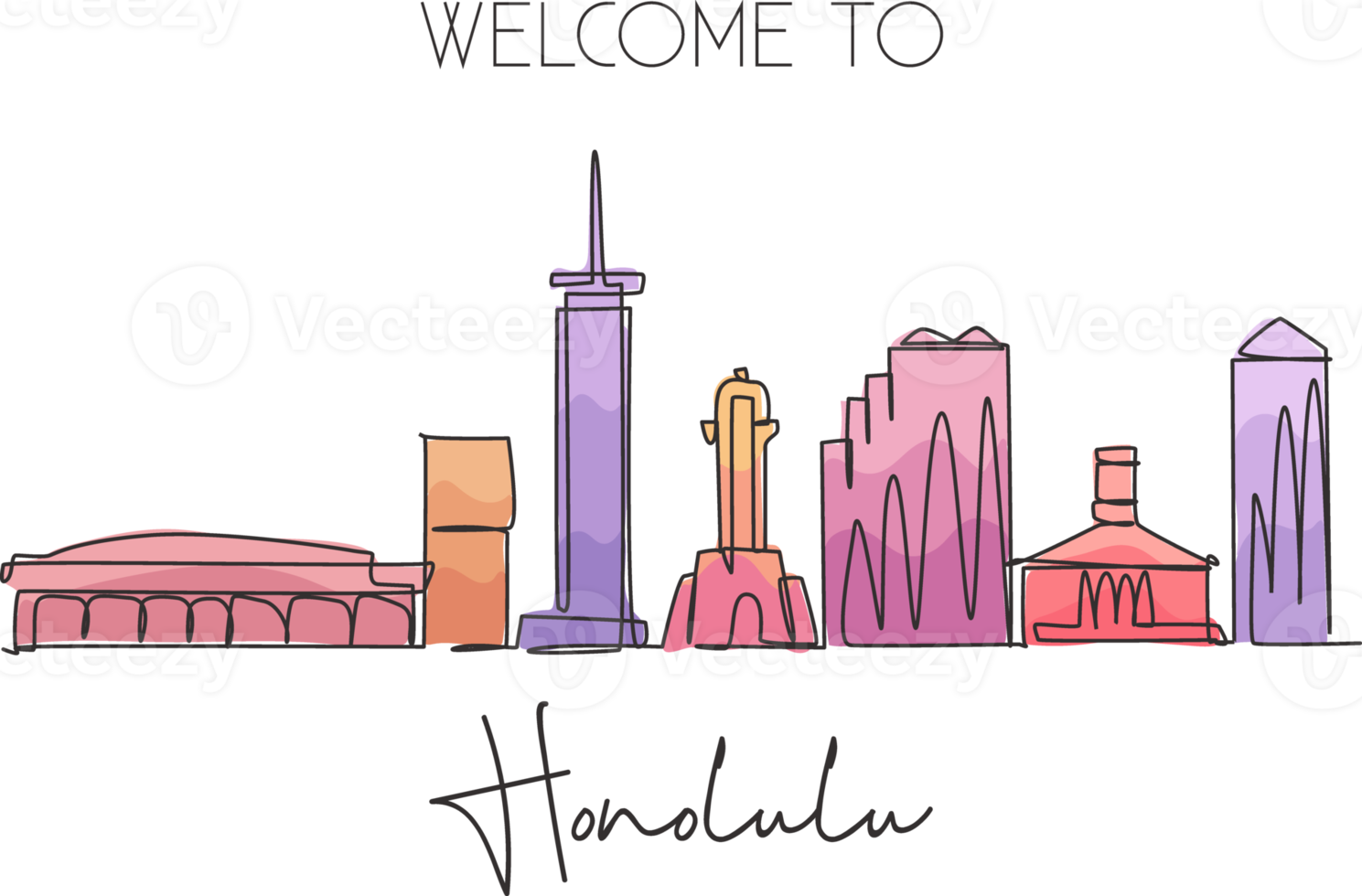 One continuous line drawing of Honolulu city skyline, Hawaii. Beautiful landmark. World landscape tourism travel home wall decor poster print art. Stylish single line draw design vector illustration png