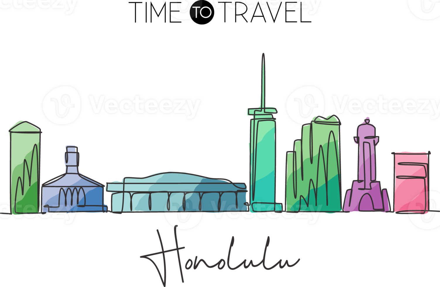 One single line drawing Honolulu city skyline, Hawaii. Historical town landscape in the world. Best holiday destination poster. Editable stroke trendy continuous line draw design vector illustration png