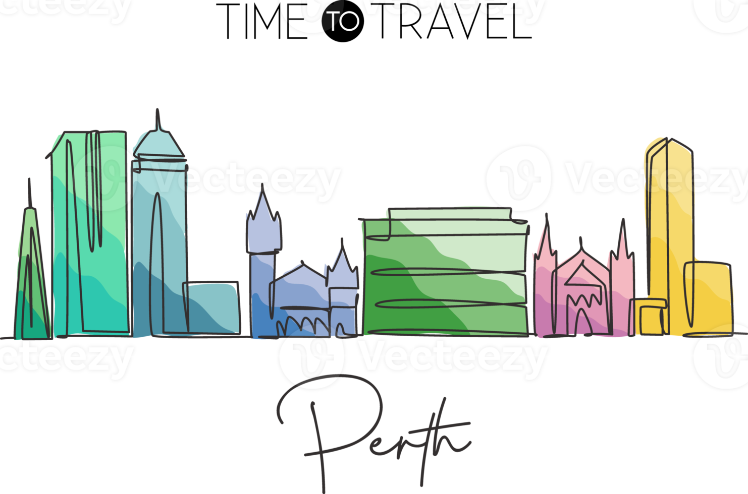 One continuous line drawing of Perth city skyline, Australia. Beautiful landmark. World landscape tourism travel vacation poster. Editable stylish stroke single line draw design vector illustration png