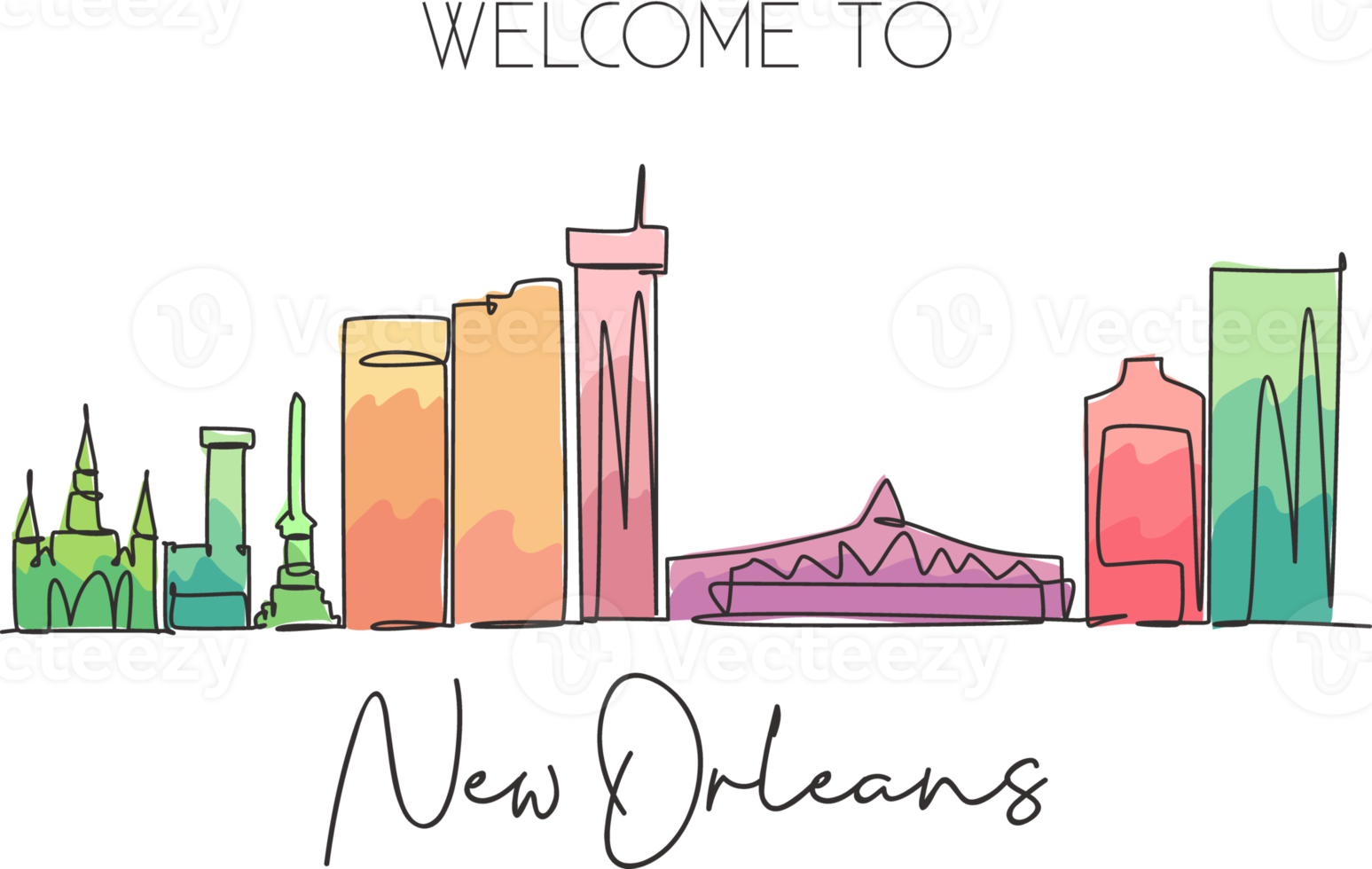 enkele doorlopende lijntekening new orleans city skyline, louisiana, usa. beroemde stadslandschap. wereld reizen concept home muur decor poster print kunst. moderne één lijn tekenen ontwerp vectorillustratie png