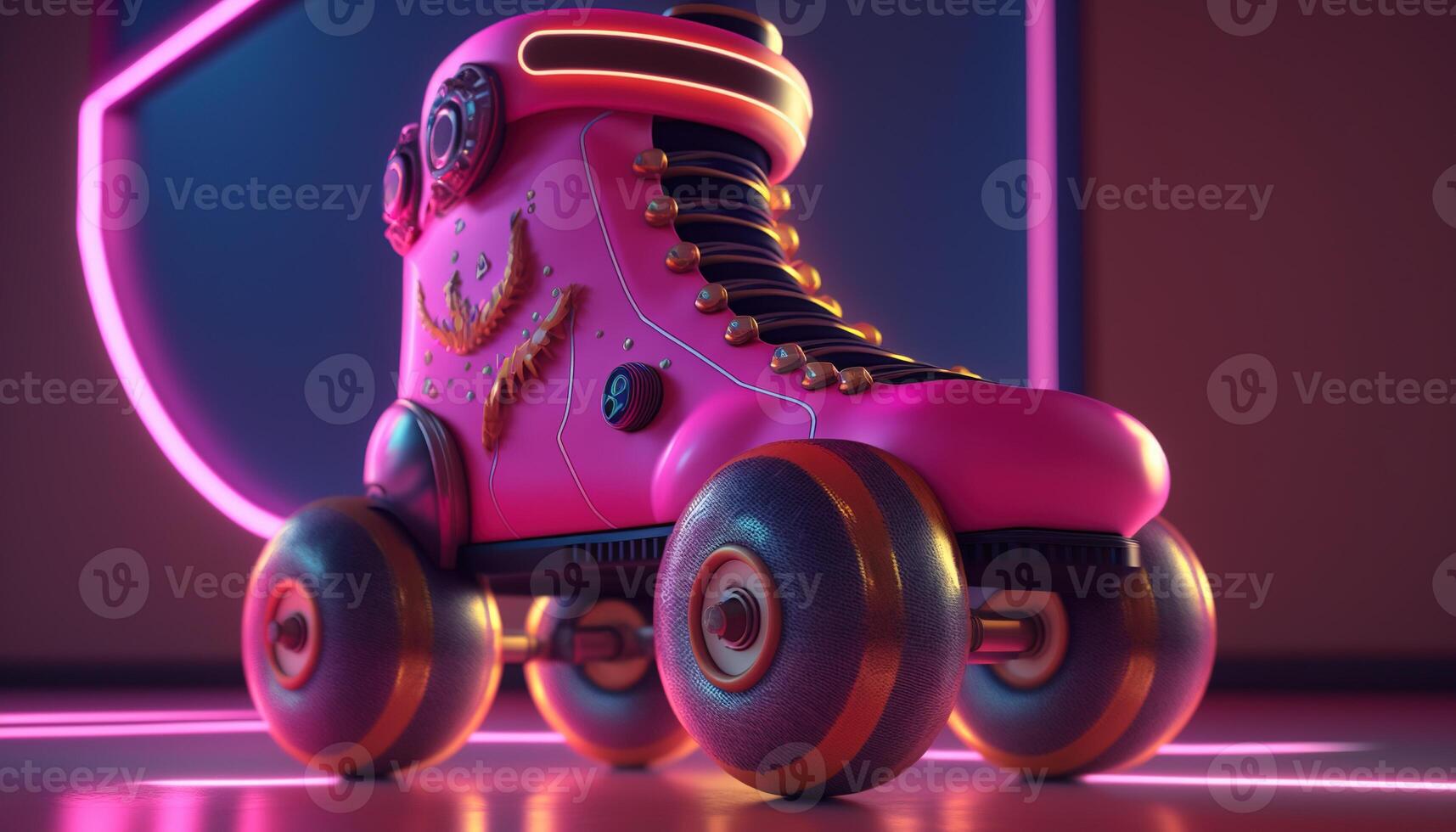 , Roller skate in cyberpunk style, disco nostalgic 80s, 90s. Neon night lights vibrant colors, photorealistic horizontal illustration of the futuristic city. Sport activity concept. photo