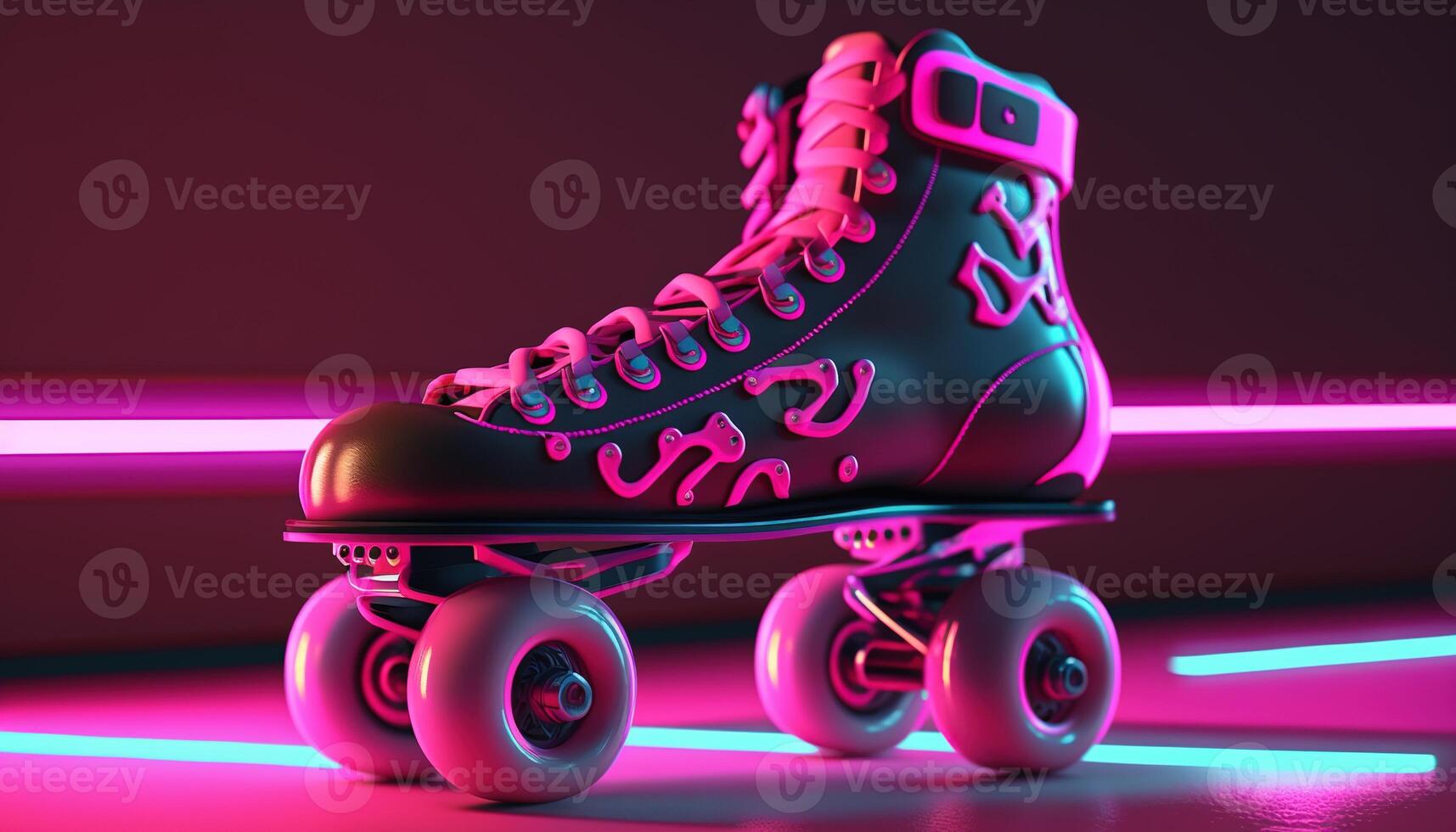 , Roller skate in cyberpunk style, disco nostalgic 80s, 90s. Neon night lights vibrant colors, photorealistic horizontal illustration of the futuristic city. Sport activity concept. photo